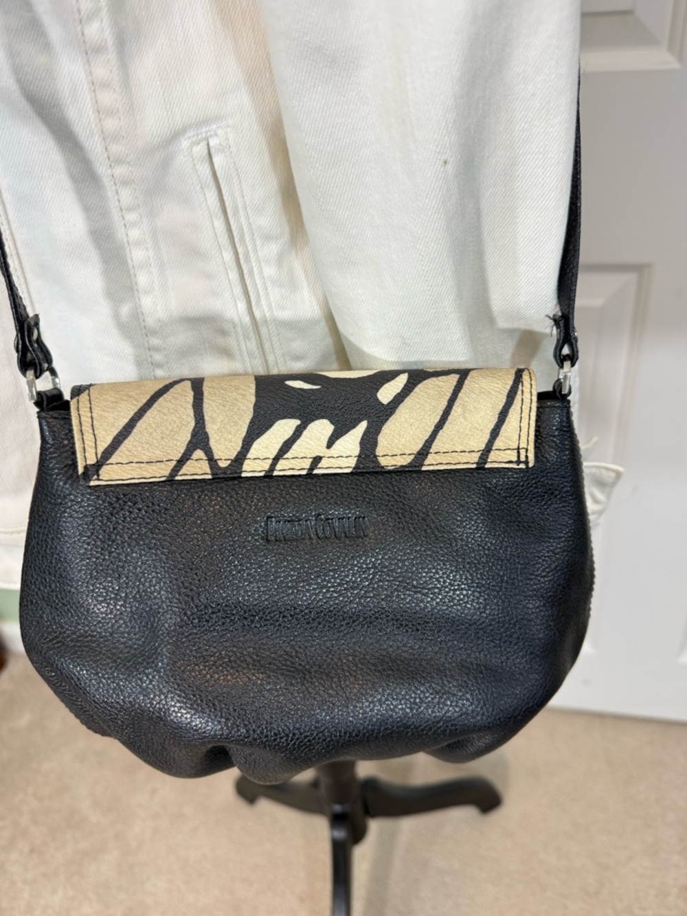 Leather Crossbody Bag with Butterfly Print Black & Cream by Pineda Covalin - Picture 4 of 13